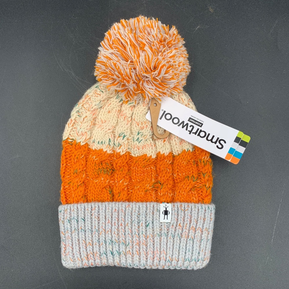 Smartwool Everyday Cable Knit Pom Beanie Orange Cream Gray Merino Wool Blend NWT